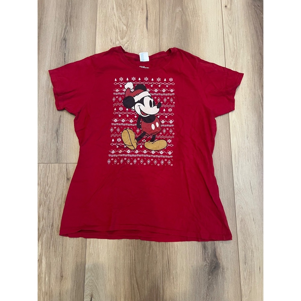 Disney Mickey Mouse Christmas Santa T-Shirt Women's XL Red Holiday Graphic Tee